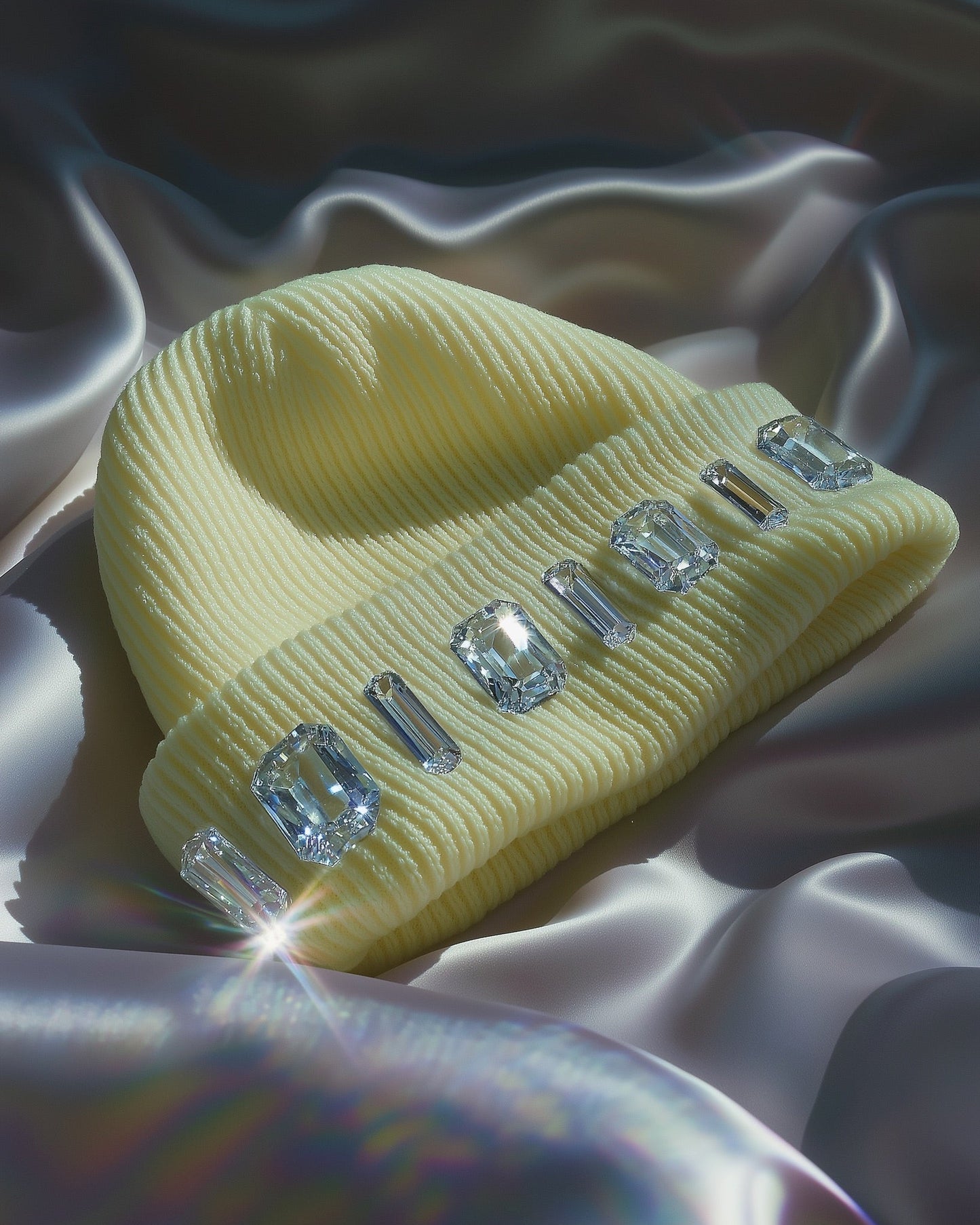 Buttercream beanie with rhinestone embellishments on a textured fabric background