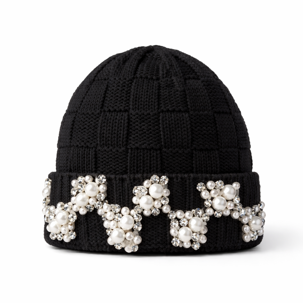 Obsidian 'Angel's Tears'Pearl-embellished Weave Knit Beanie