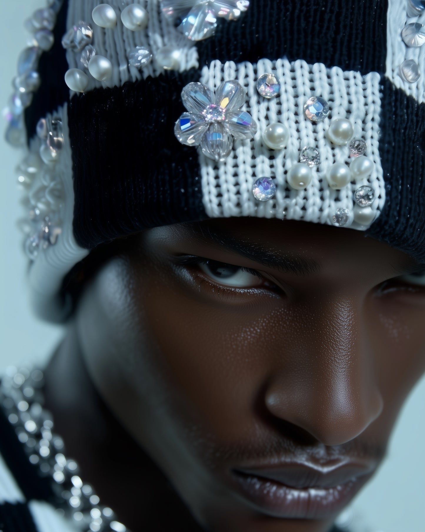 Person wearing a checkerboard beanie adorned with pearls and crystals on brim