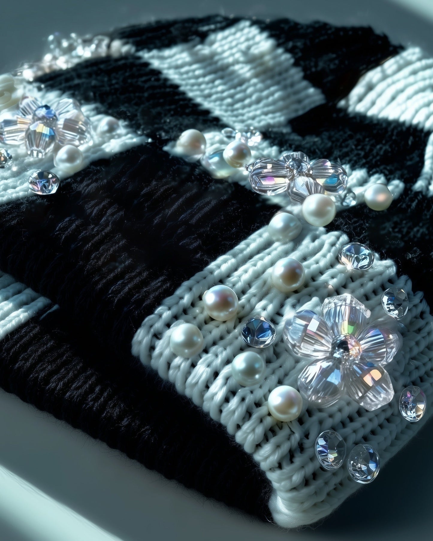 Close shot of a black and white checkerboard beanie adorned with pearls and crystals on a white background