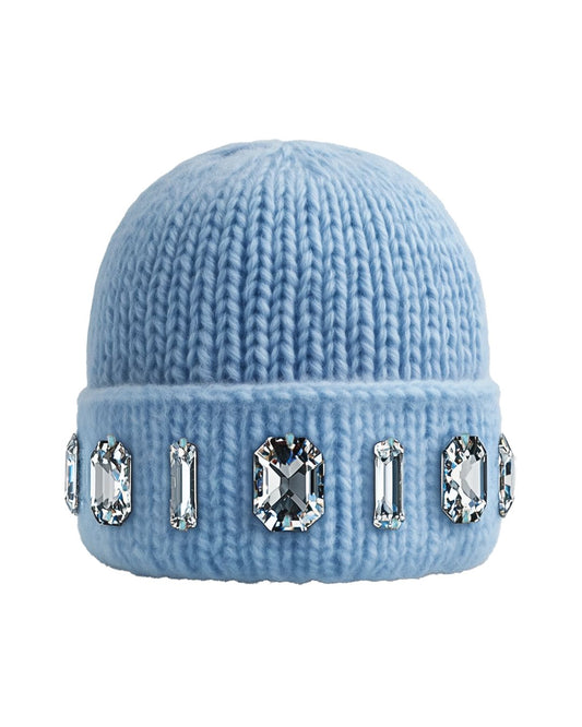 Baby blue knit beanie with decorative crystals on a white background