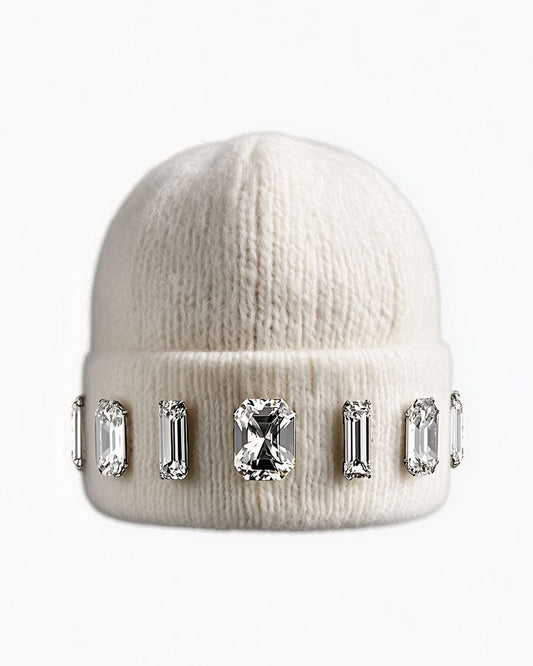 Bone white beanie with crystal embellishments on a white background