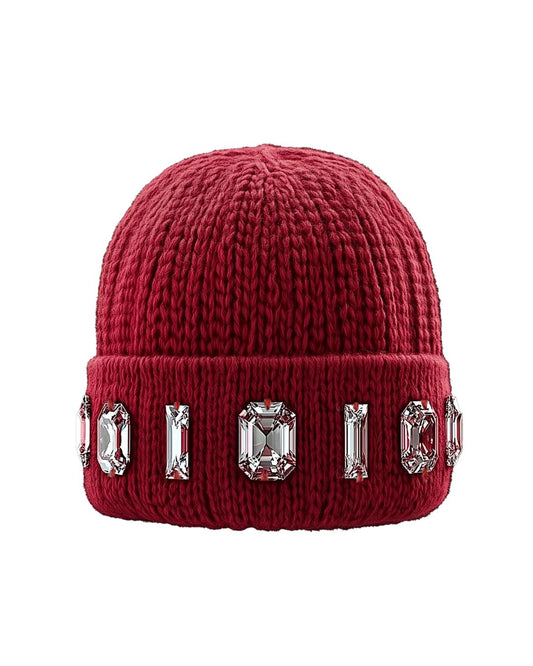 Red knit beanie with decorative crystals on a white background
