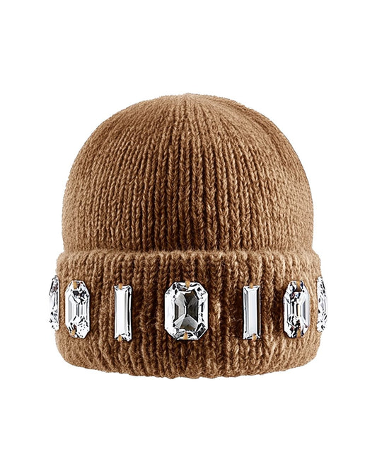 Brown ochre knit beanie with crystal embellishments on a white background