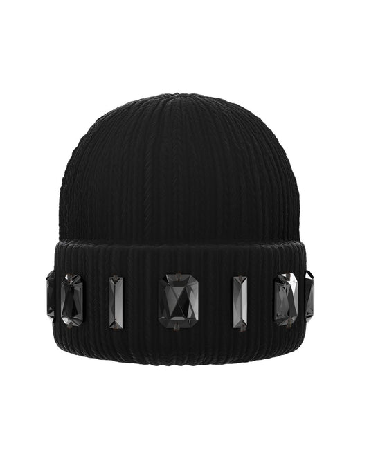 Black beanie with onyx gemstones around the brim on a white background