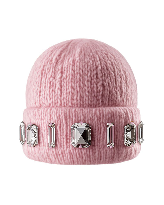 Pink beanie with gemstone embellishments on a white background