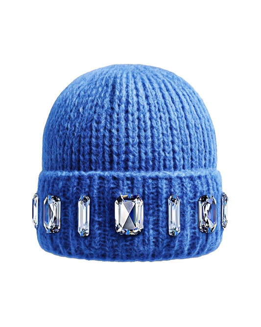 Royal blue knit beanie with crystal embellishments on a white background