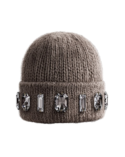 Soot grey knit beanie with decorative crystals on a white background