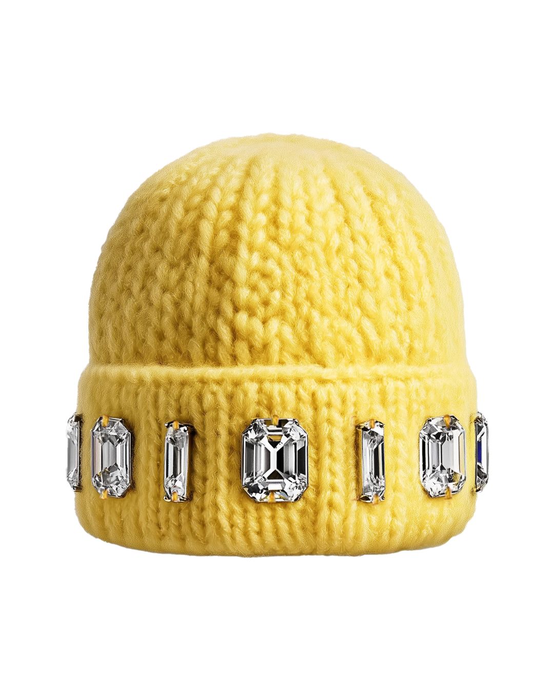 Yellow beanie with crystals embellishments on a white background